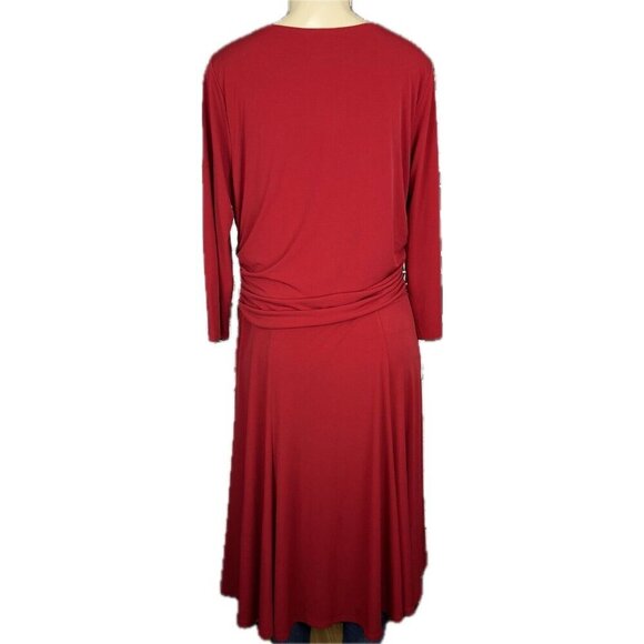 Simonton Says M Red Cowl Neck Ruched Waist Lined Top 3/4 Sleeve Midi Flare Dress - Picture 4 of 6